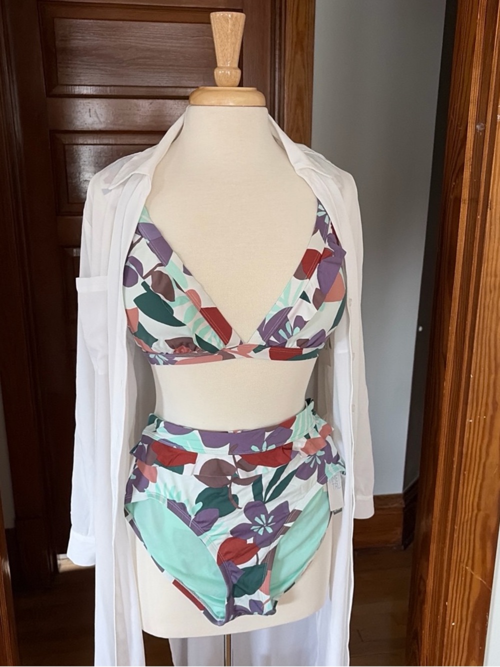 Floral Print Ruffle Bikini Set in Mint, Purple & Red
